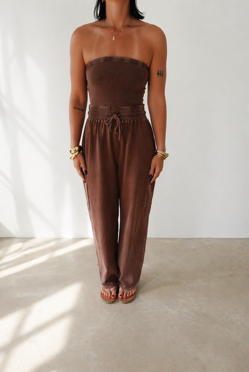 Chocolate Mineral Wash Strapless Wide - Leg Jumpsuit