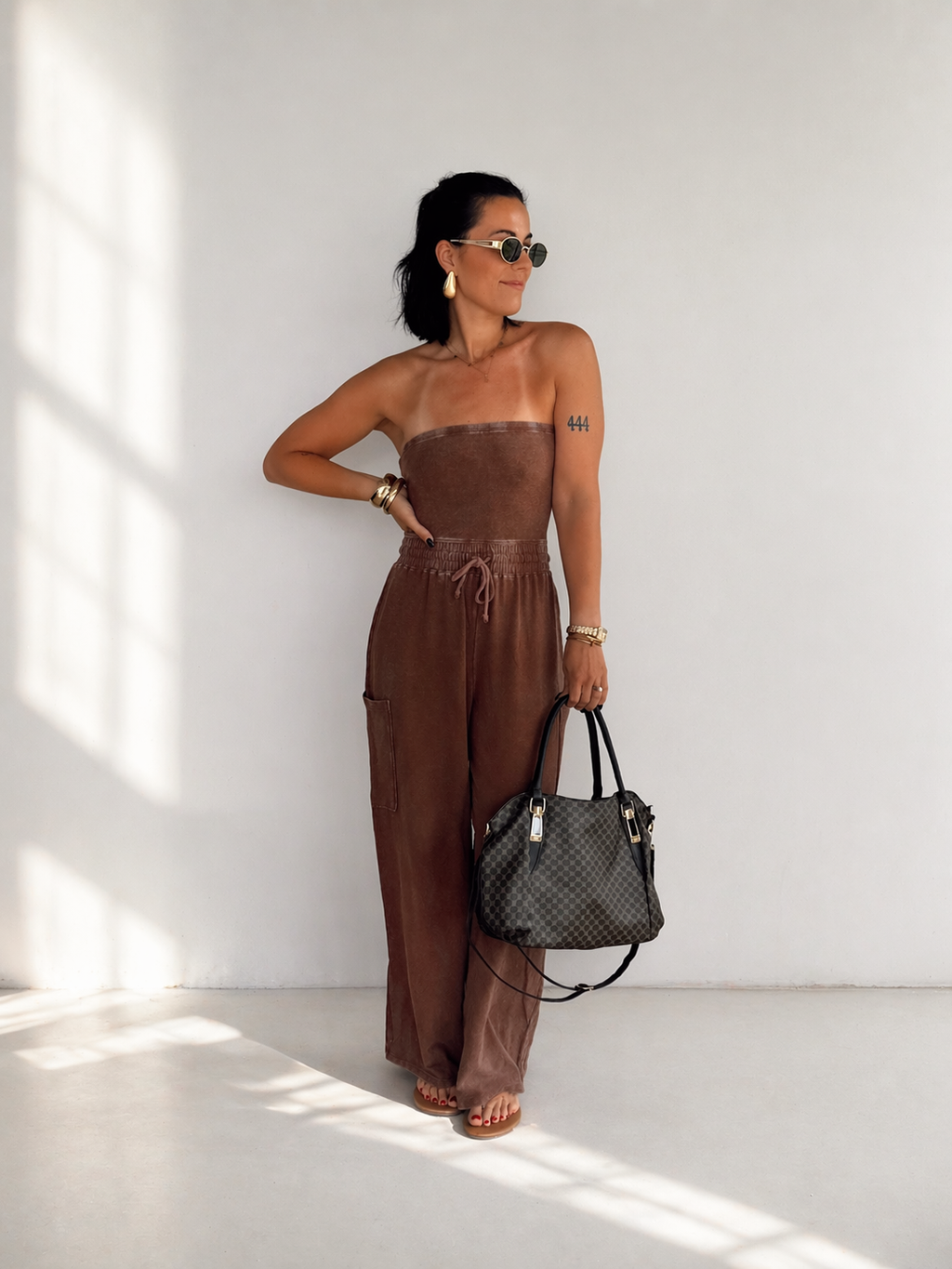 Chocolate Mineral Wash Strapless Wide - Leg Jumpsuit
