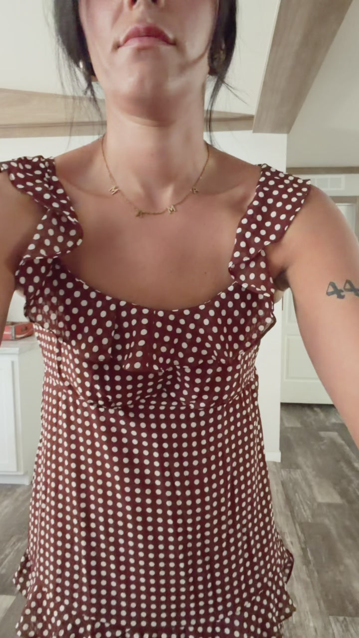 Coffee Polka Dot Print Backless Ruffled Tiered Maxi Dress