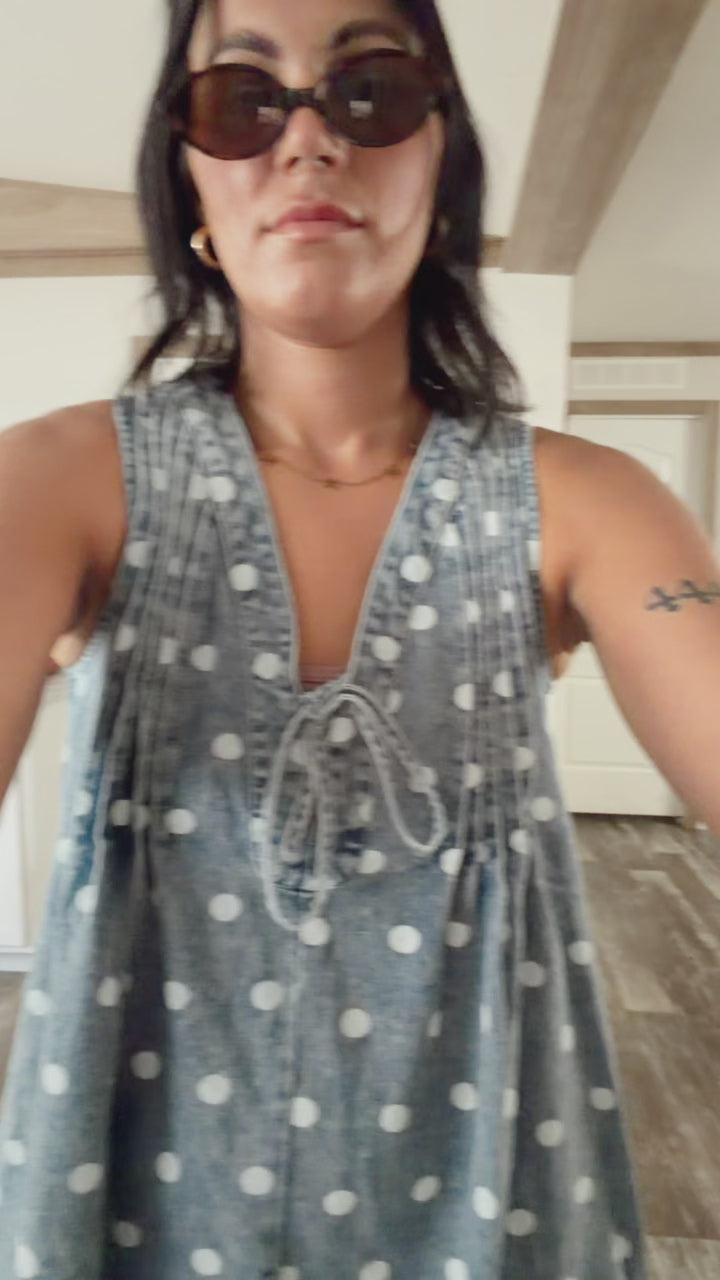 Sky Blue Polka Dot Print Tie V Neck Pleated Loose Denim Romper