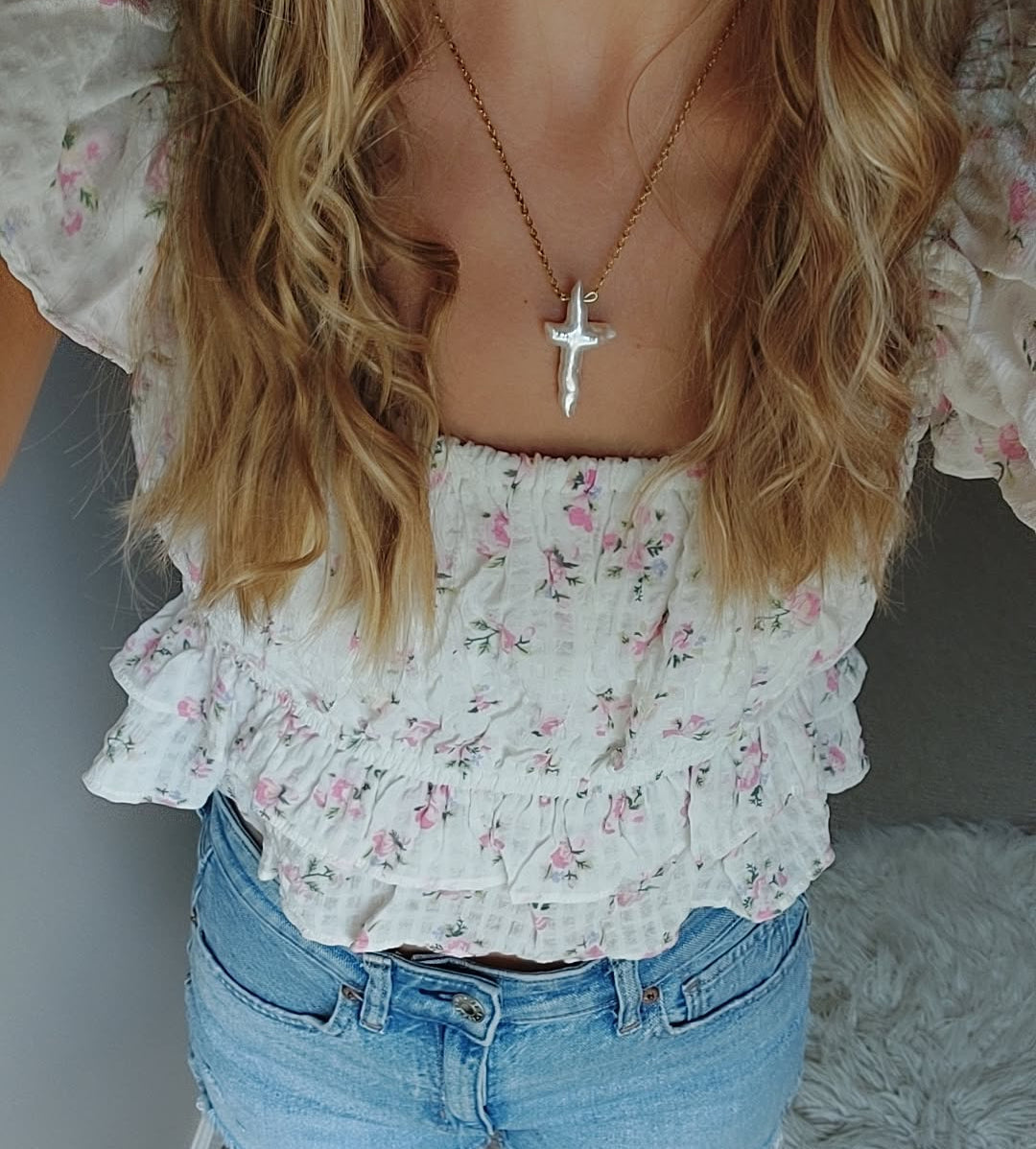 Dainty Fresh Water Pearl Cross Necklace