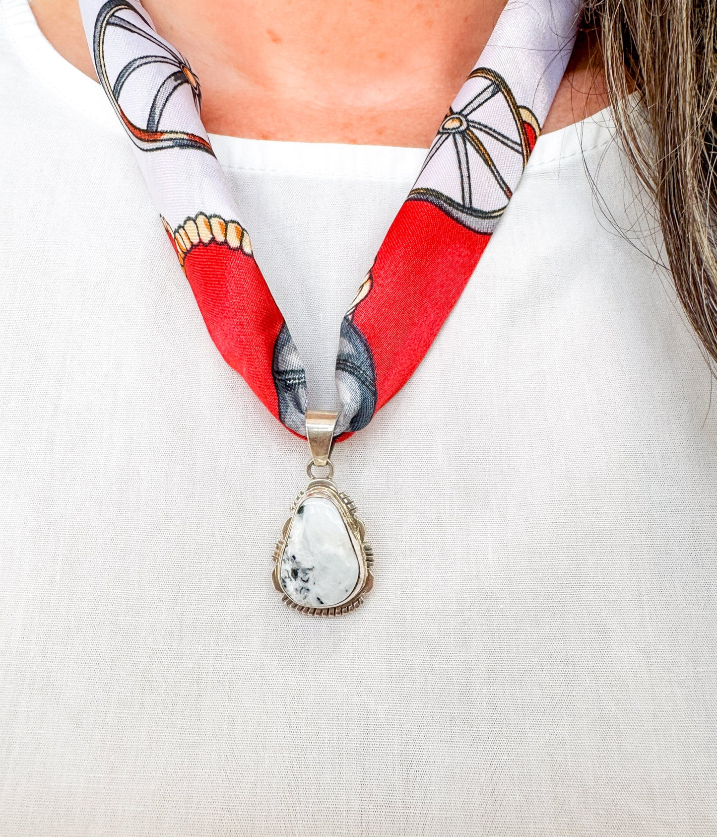 White Buffalo Pendant on Silk Scarf Necklace