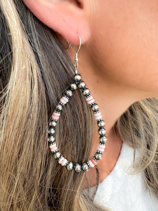 Navajo Pearl and Pink Conch Teardrop Earrings