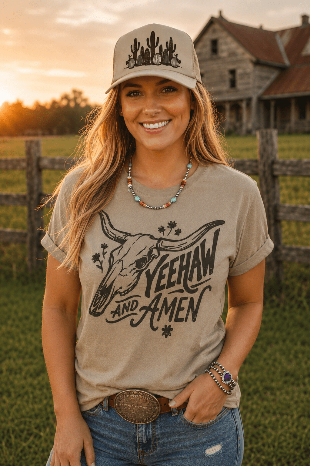 Yeehaw and Amen Longhorn Graphic Tee